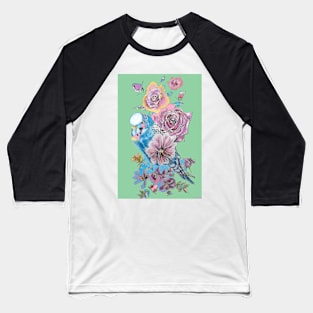 Blue Budgie and Rose Watercolor Painting on Green Baseball T-Shirt